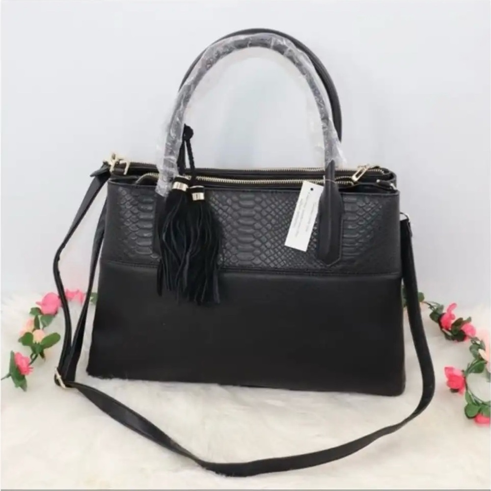 NWT Black Textured Handbag with Tassel Crossbody Strap
